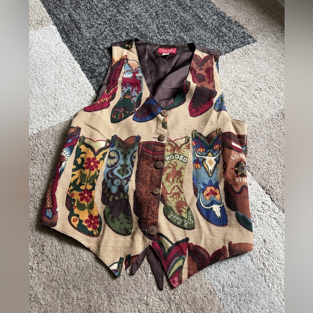 Venezia Jeans Womens Vintage Western Cowboy Boot Print Vest - Multicolor- 14/16